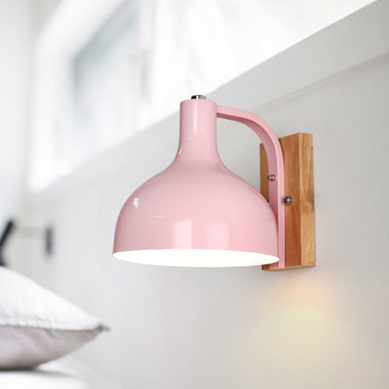 BowLift | 1 head wall lamp modern dome shade metal wall light with wooden backplate in white/pink