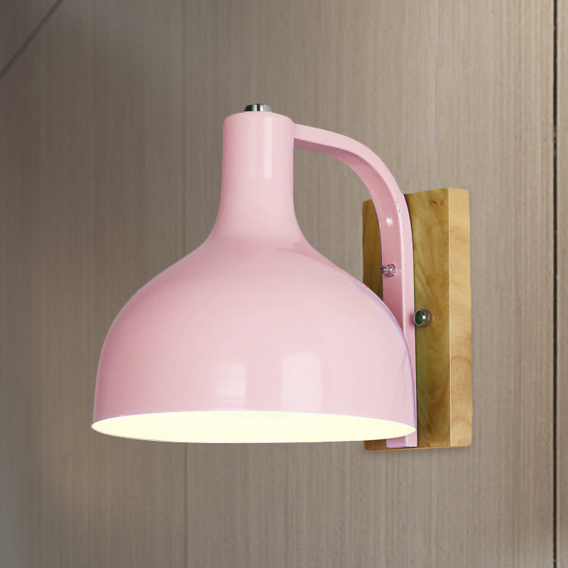 BowLift | 1 head wall lamp modern dome shade metal wall light with wooden backplate in white/pink
