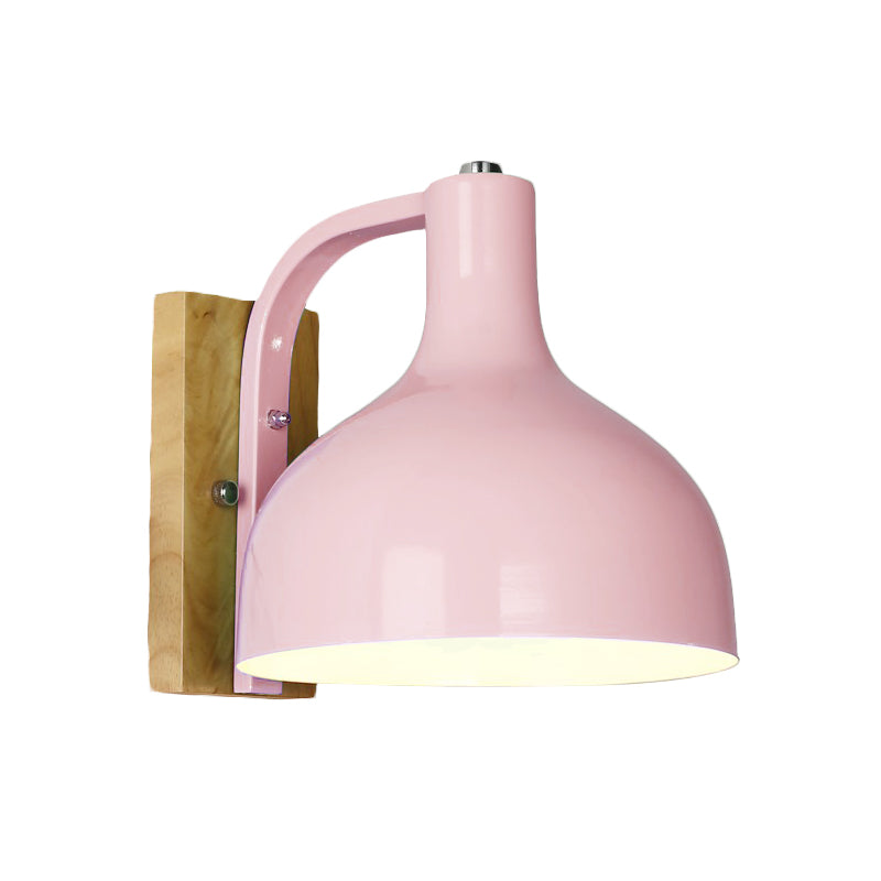 BowLift | 1 head wall lamp modern dome shade metal wall light with wooden backplate in white/pink