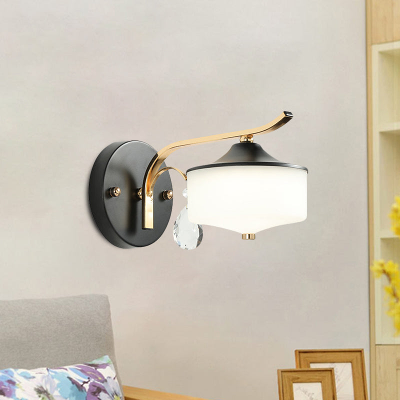BowLift | Drum Indoor Wall Lamp Opal Glass 1 Light Postmodern LED Wall Lighting in Black and Gold with Crystal Drops