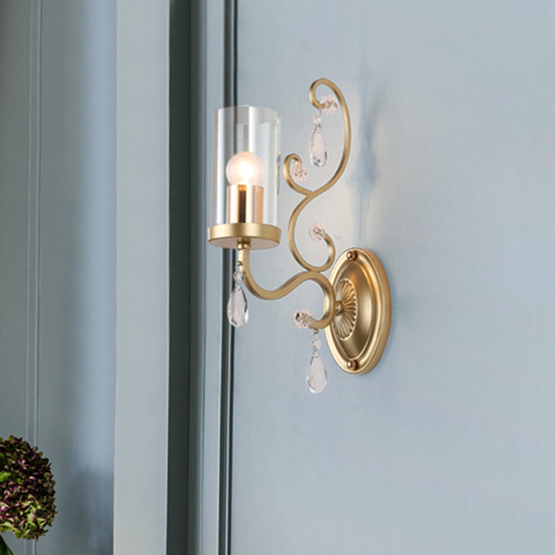 BowLift | 1/2-Pear Clear Glass Wall Mounted Light Simple Brass Finish Cylinder Wall Lighting Ideas with Crystal Accent