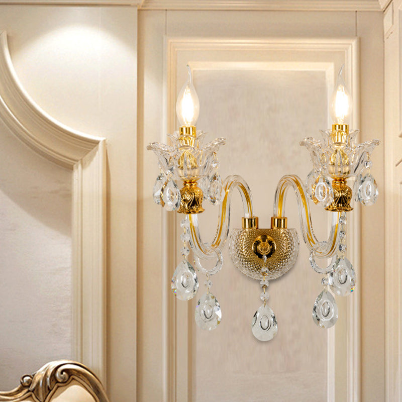 BowLift | 1/2-Bulb Clear Glass Coated Wall Light Vintage Gold Candle Style Lounge Wall Light with Curved Arm