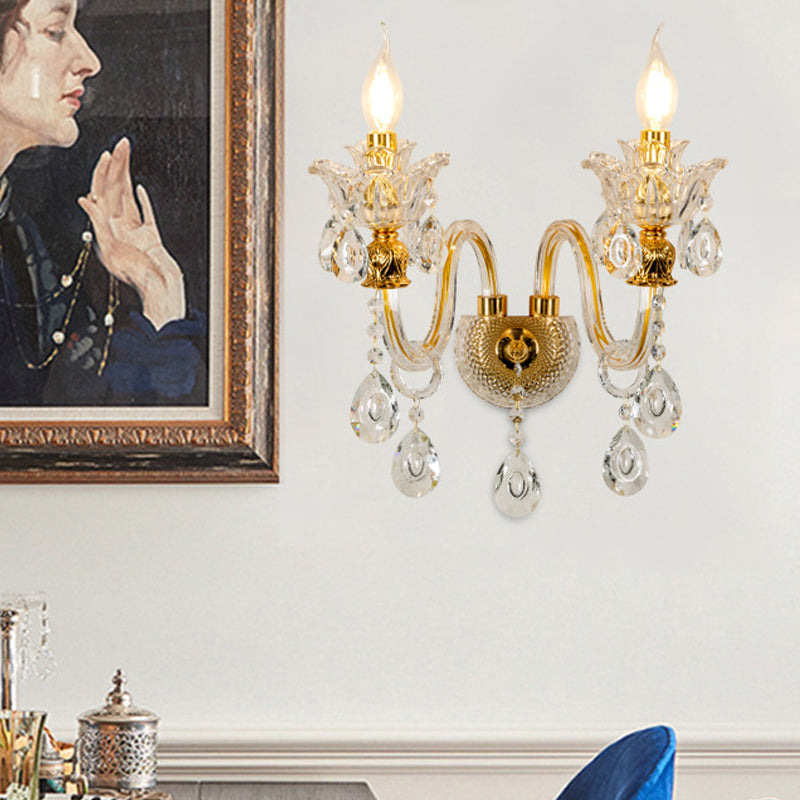 BowLift | 1/2-Bulb Clear Glass Coated Wall Light Vintage Gold Candle Style Lounge Wall Light with Curved Arm