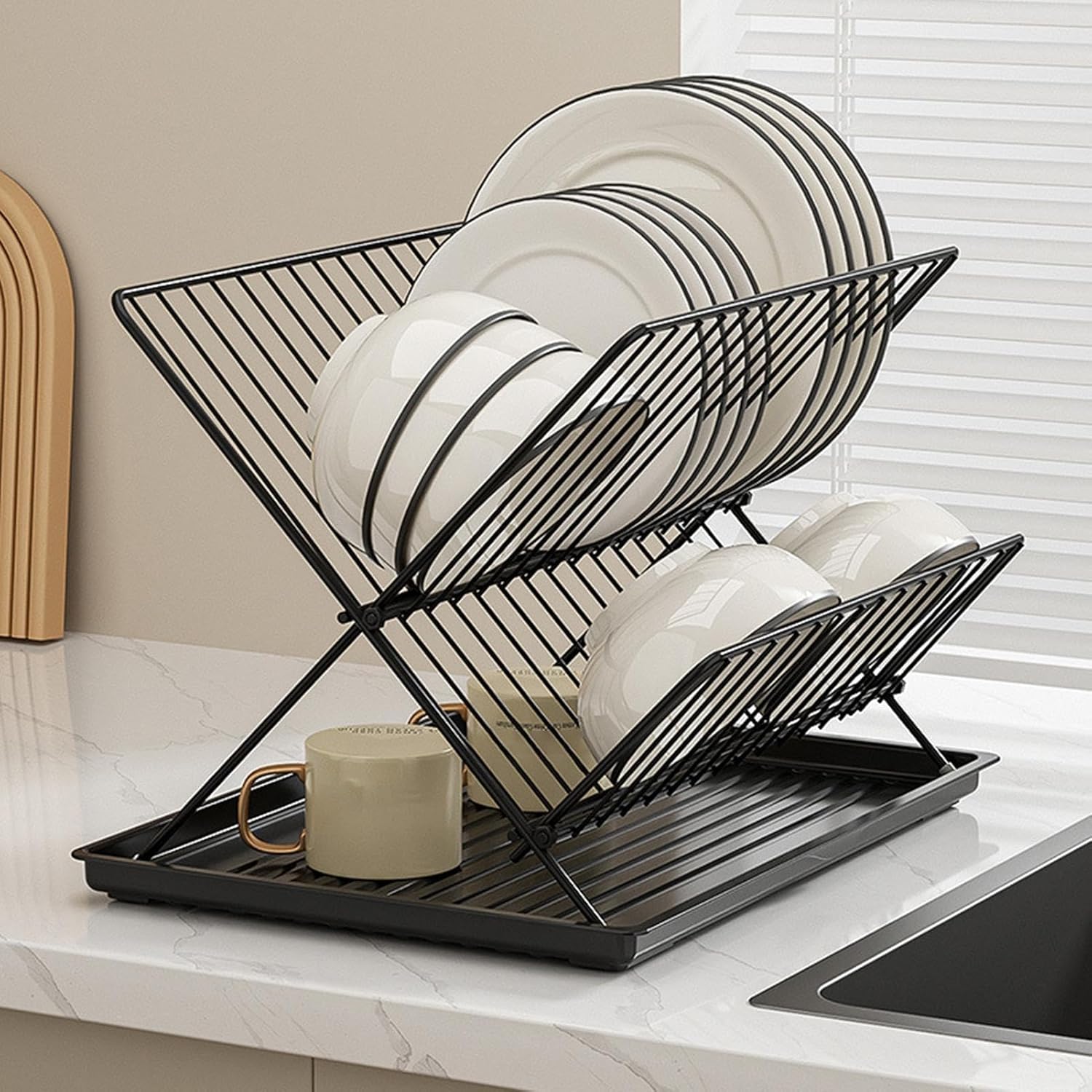 BowLift | Folding Dish Drying Rack – 2-Tier Countertop Drainer with Detachable Tray – Kelvra
