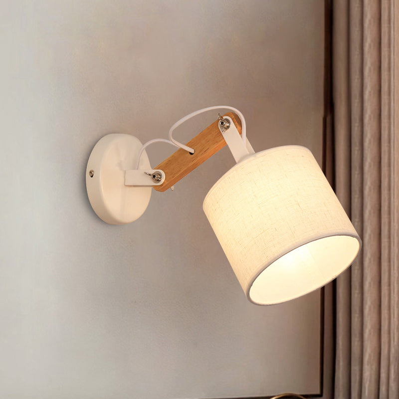BowLift | Fabric Cylinder Wall Mount Lighting Modernist 1 Bulb White Wall Lamp with Adjustable Wooden Arm
