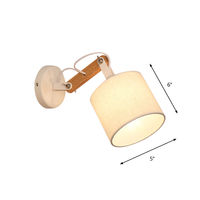 BowLift | Fabric Cylinder Wall Mount Lighting Modernist 1 Bulb White Wall Lamp with Adjustable Wooden Arm