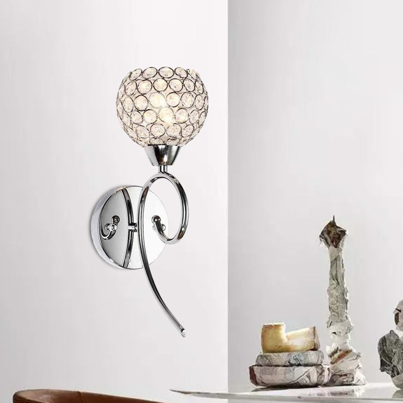 BowLift | Hemisphere Crystal Wall Lamp Modern Stylish 1 Head Corner Wall Light with Scroll Arm in Chrome