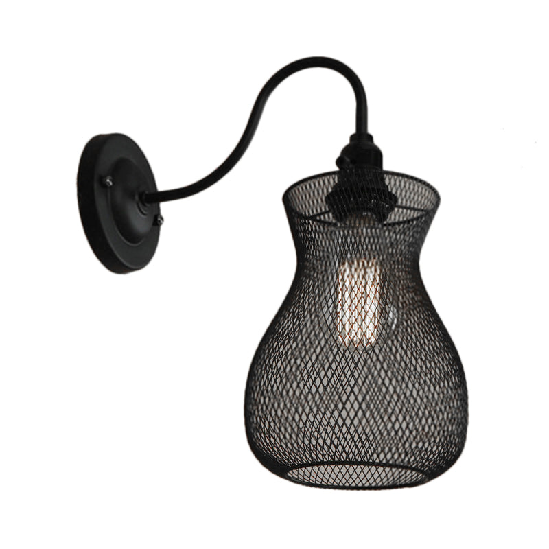 BowLift | 1 Bulb Vase Shape Wall Sconce with Mesh Shade Industrial Style Black Metal Wall Light for Hallway