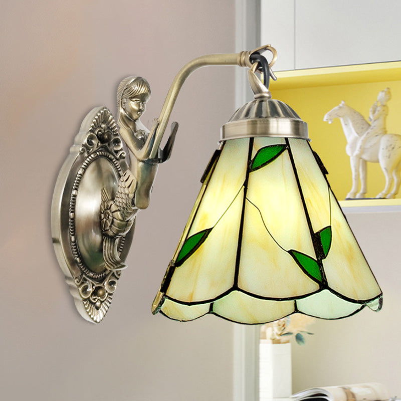 BowLift | 1 Head Cone-shaped Wall Sconces Lighting Mission White/Beige Glass Wall-mounted Light Set with Mermaid Backplate