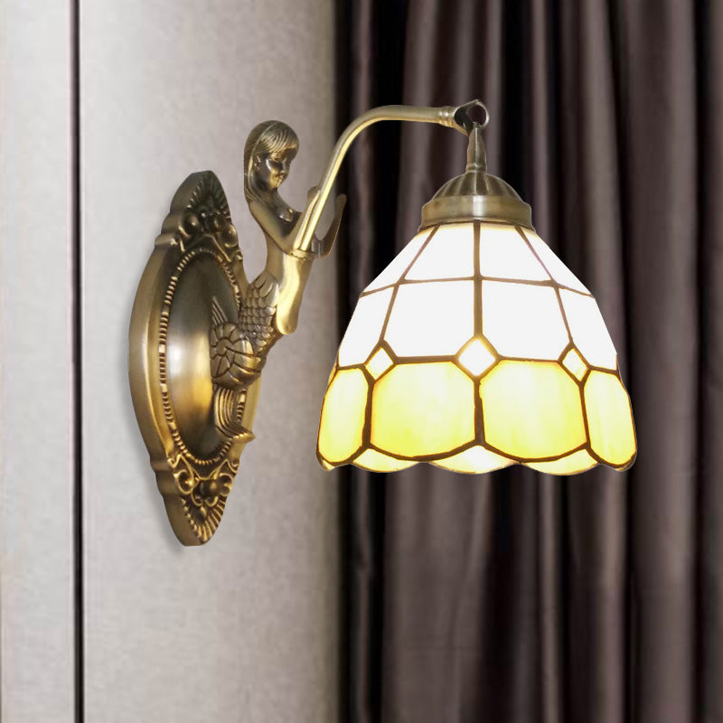 BowLift | 1 Bulb Living Room Wall Mounted Light Baroque Bronze Mermaid Wall Lamp with Grid Dome Dark/Richtersky Blue and White Glass Shade