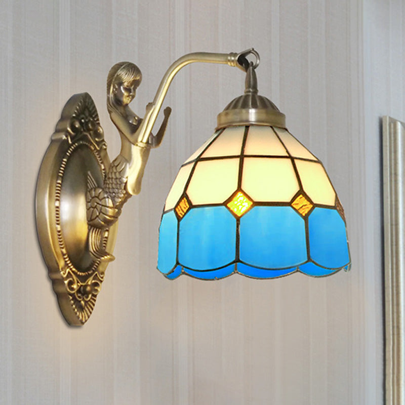 BowLift | 1 Bulb Living Room Wall Mounted Light Baroque Bronze Mermaid Wall Lamp with Grid Dome Dark/Richtersky Blue and White Glass Shade