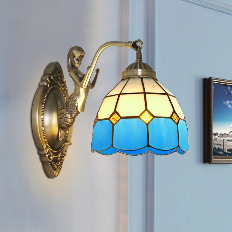 BowLift | 1 Bulb Living Room Wall Mounted Light Baroque Bronze Mermaid Wall Lamp with Grid Dome Dark/Richtersky Blue and White Glass Shade