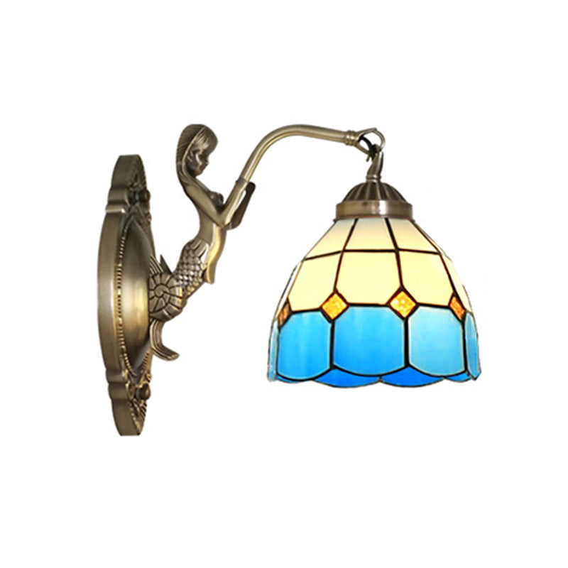 BowLift | 1 Bulb Living Room Wall Mounted Light Baroque Bronze Mermaid Wall Lamp with Grid Dome Dark/Richtersky Blue and White Glass Shade