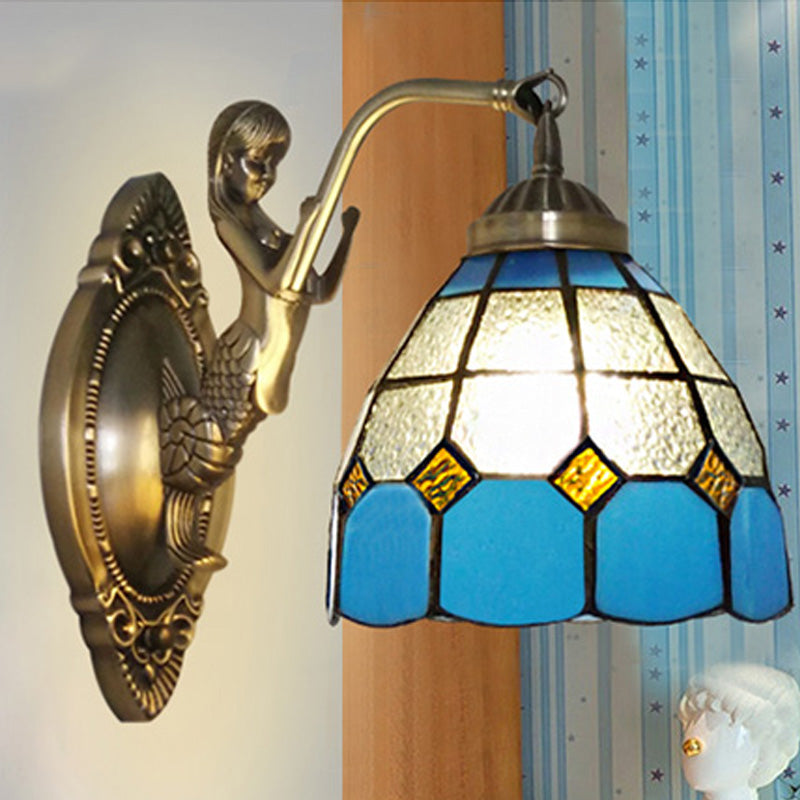 BowLift | 1 Bulb Living Room Wall Mounted Light Baroque Bronze Mermaid Wall Lamp with Grid Dome Dark/Richtersky Blue and White Glass Shade