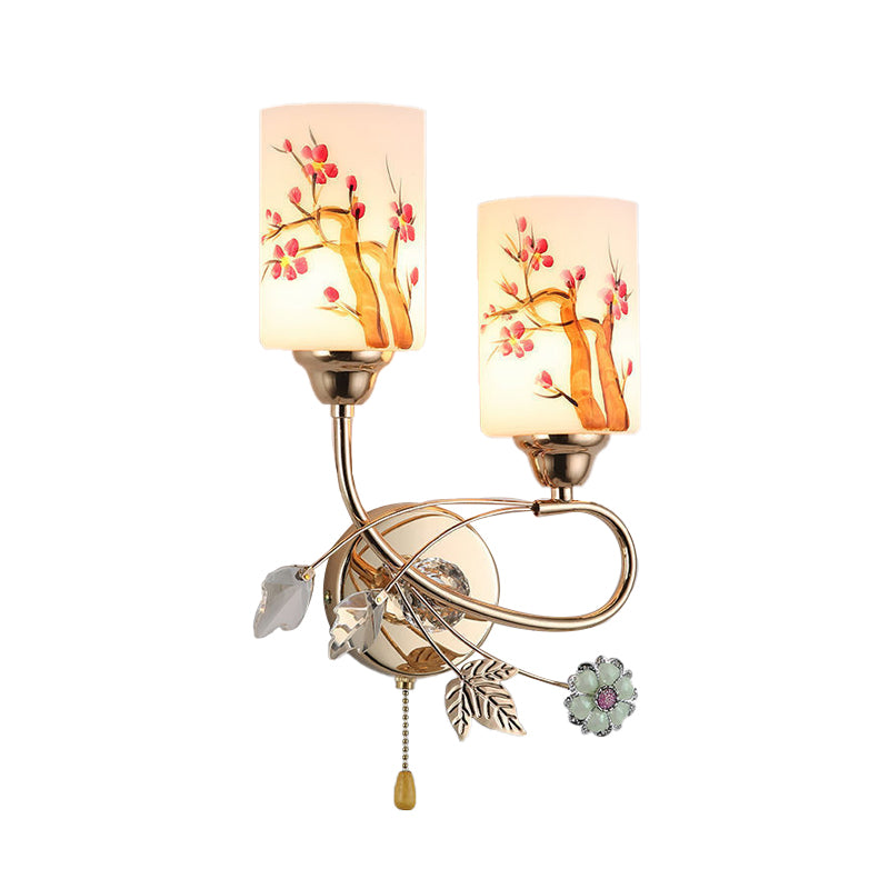 BowLift | Gold Finish Cylindrical Wall Light Idea Modern 1/2-Head Painted Cream Glass Wall Lamp with Pull Chain