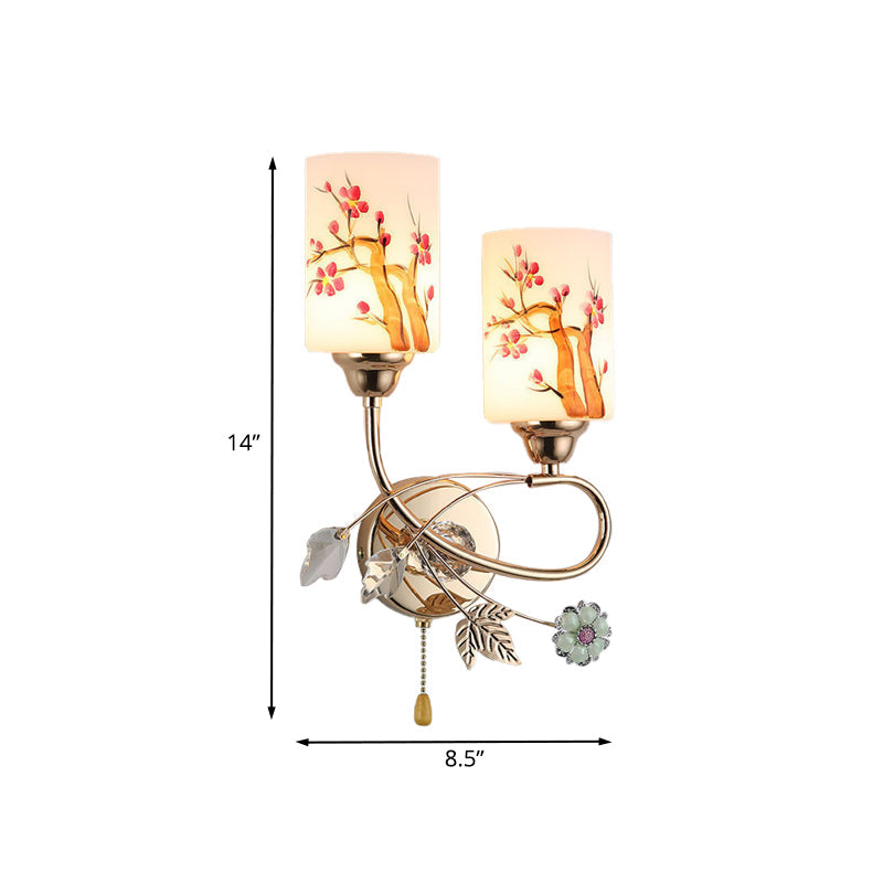 BowLift | Gold Finish Cylindrical Wall Light Idea Modern 1/2-Head Painted Cream Glass Wall Lamp with Pull Chain