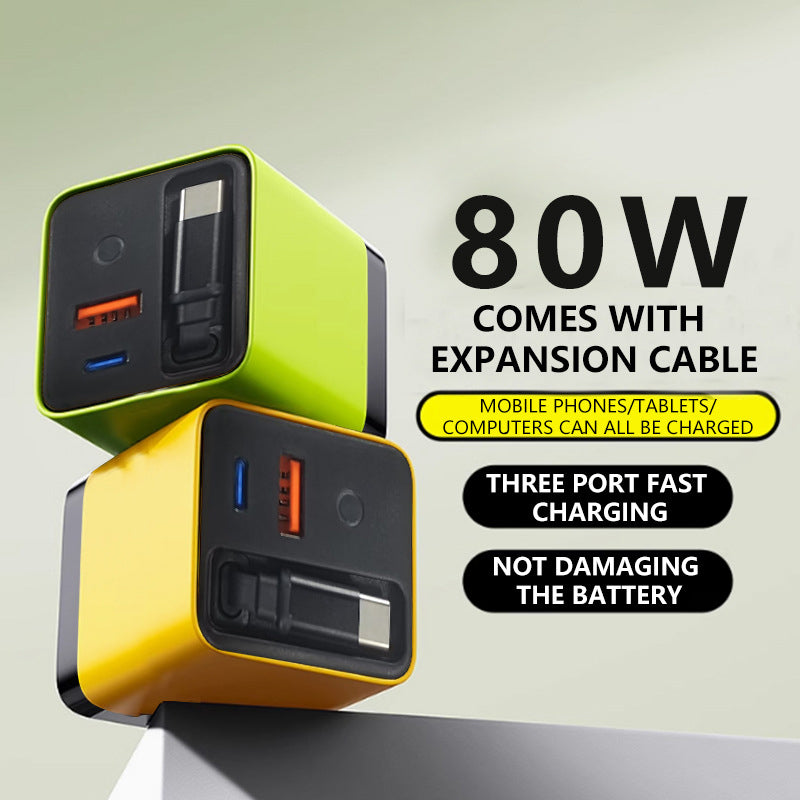 BowLift | 3 in 1 GaN Charger, Scalable 80W MAX fast charger module with Type-C cable and 2 USB ports