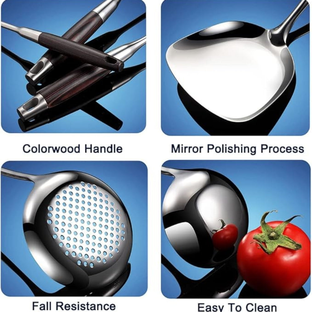 BowLift | Gleaming Stainless Steel Wooden Utensils | 6Pcs Set