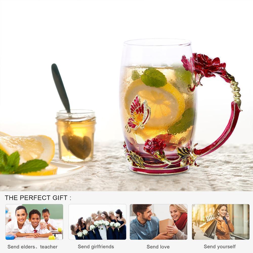 BowLift | Enamel Rose Glass Tea Cup Set (With Spoon)