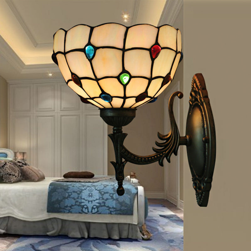 BowLift | Flower/Bowl Wall-Mounted Light Tiffany Beige/Yellow Glass 1-Bulb Bronze Finish Wall Switch Light