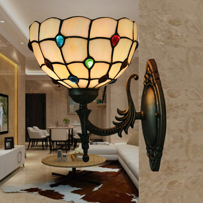 BowLift | Flower/Bowl Wall-Mounted Light Tiffany Beige/Yellow Glass 1-Bulb Bronze Finish Wall Switch Light