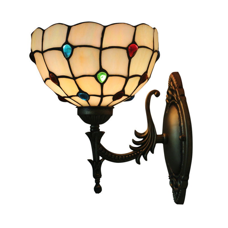BowLift | Flower/Bowl Wall-Mounted Light Tiffany Beige/Yellow Glass 1-Bulb Bronze Finish Wall Switch Light