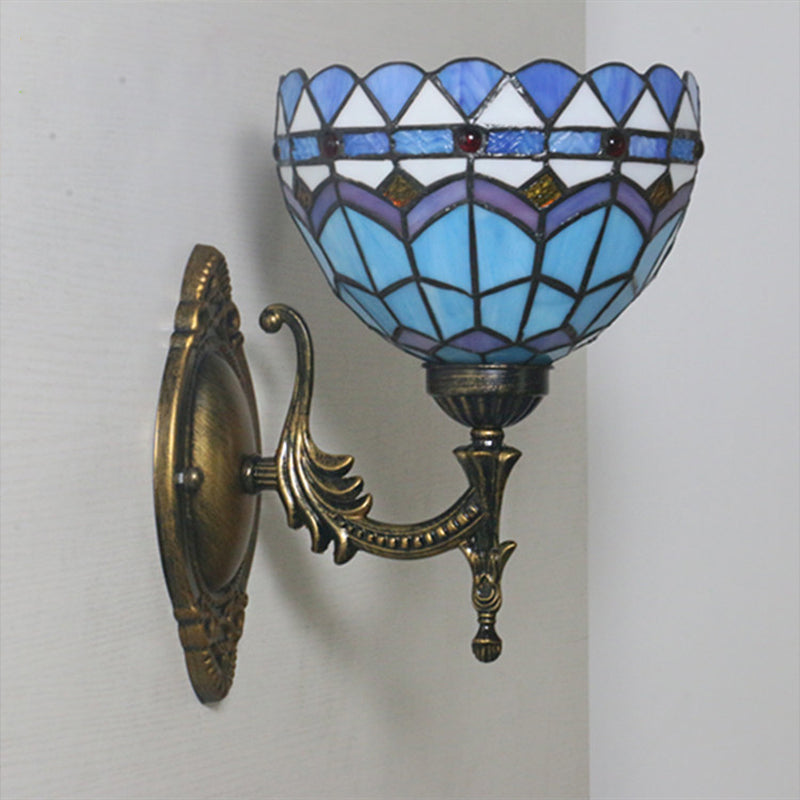 BowLift | 1-Light Bedroom Wall Light Mediterranean Bronze Wall Sconce Fixture with Bowl Blue Glass Shade
