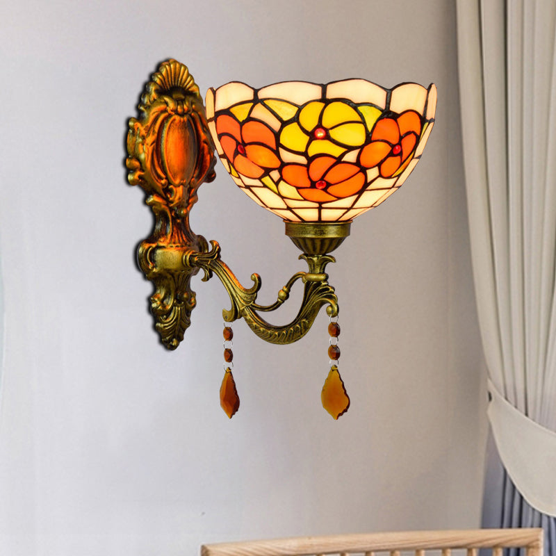BowLift | Leaf Pattern Bowl Stained Glass Wall Lamp Tiffany 1 Head Orange/Purple/Red Wall Mount