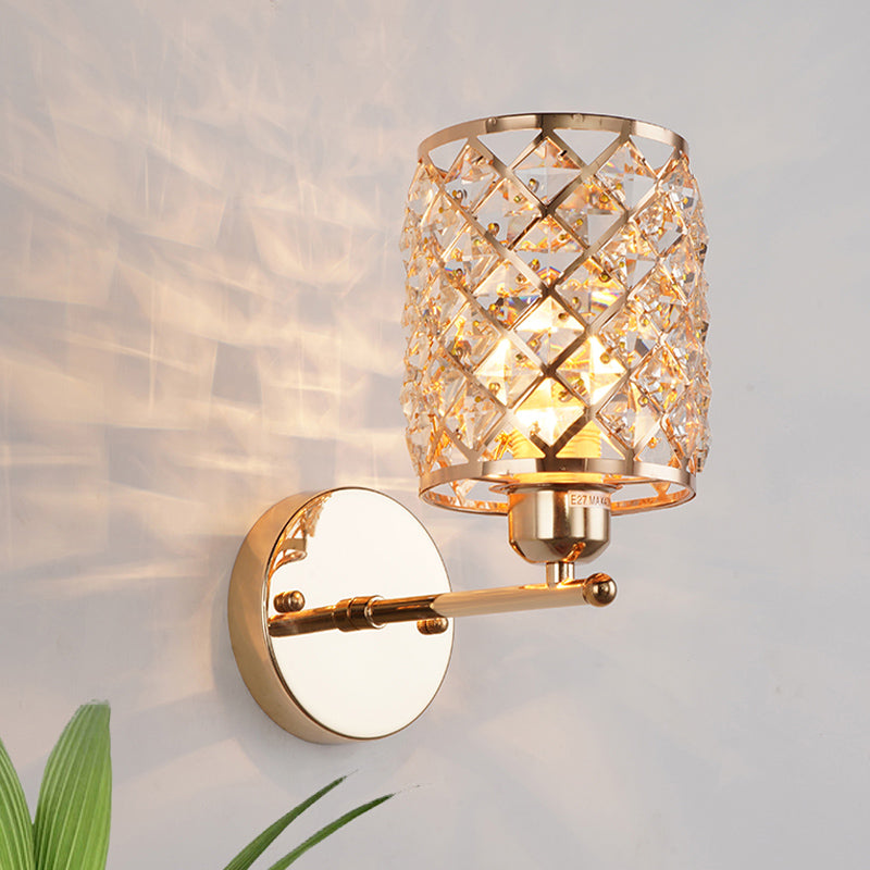 BowLift | 1-Bulb Crystal Recessed Wall Light Kit Simple Gold Cylindrical Grid Living Room Wall Lamp