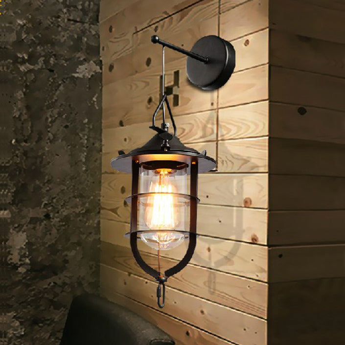 BowLift | 1 Bulb Cage Wall-Mounted Light Fixture Industrial Black Clear Glass Lighting for Porch