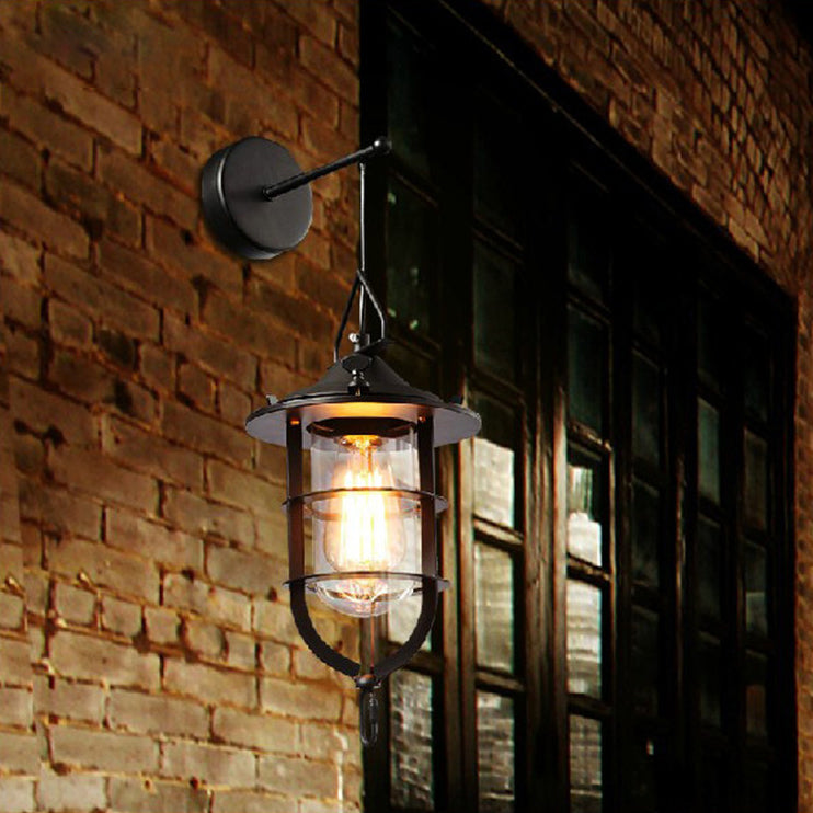 BowLift | 1 Bulb Cage Wall-Mounted Light Fixture Industrial Black Clear Glass Lighting for Porch