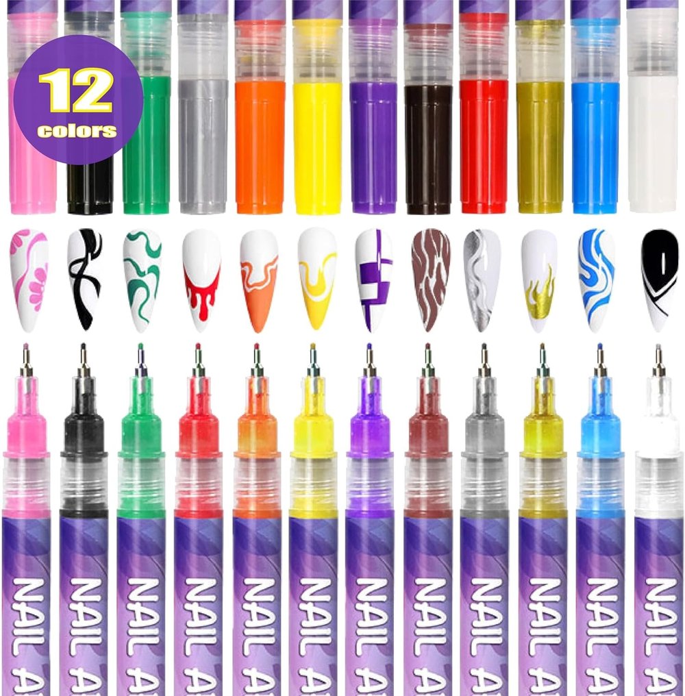 BowLift | 12 Colors Nail Art Pens — Acrylic Nail Design Set with Fine Tip