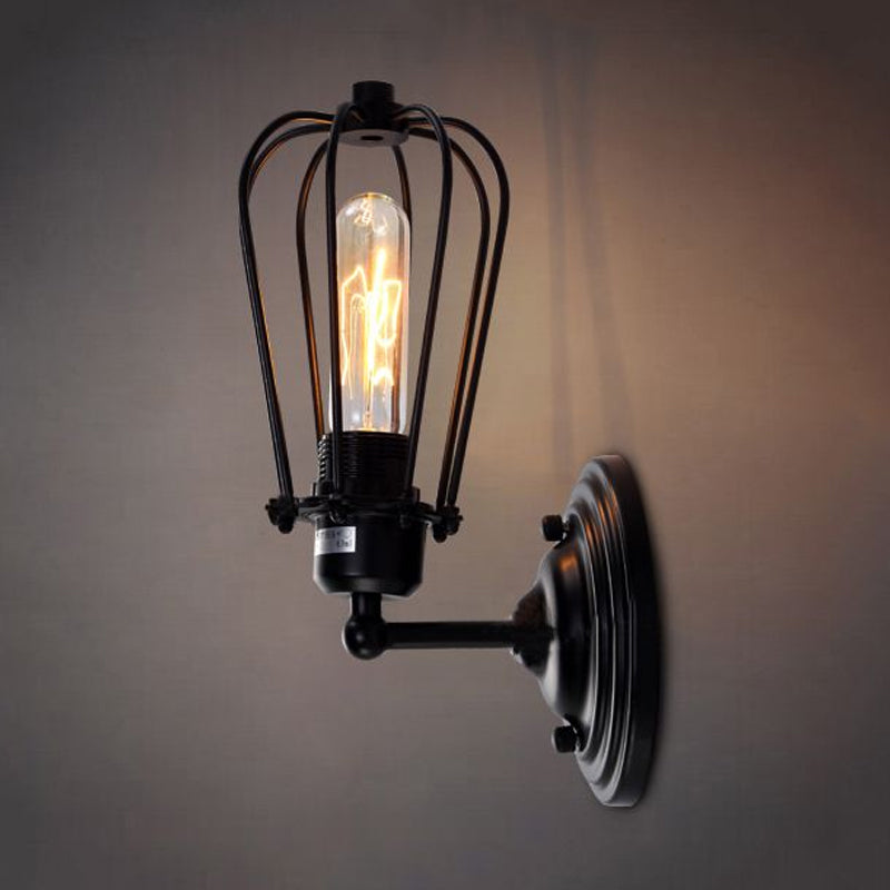 BowLift | 1 Light Mini Wall Lamp Wall Bracket with Wire Frame Industrial Black Iron Wall Mount Lamp for Hallway