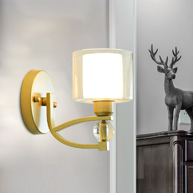 BowLift | 1 Light Indoor Wall Mounted Lamp Postmodern Gold Finish Wall Lighting with Dual Cylinder Glass in Clear and Opal