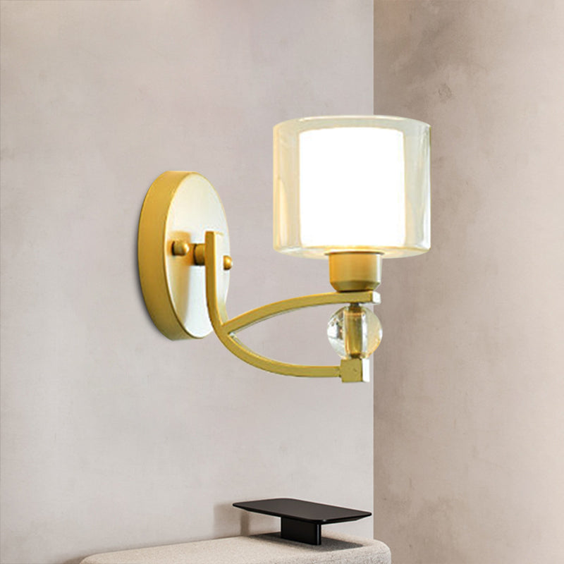 BowLift | 1 Light Indoor Wall Mounted Lamp Postmodern Gold Finish Wall Lighting with Dual Cylinder Glass in Clear and Opal