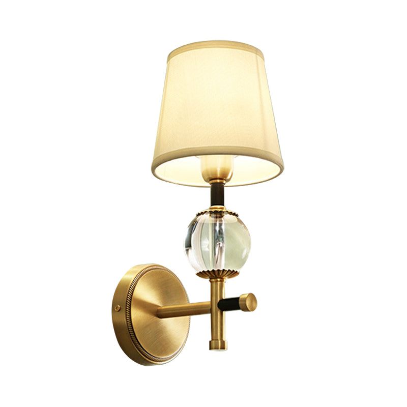 BowLift | 1/2-Head Bedroom Wall Lamp Modernism Brass Finish Clear Crystal Wall Light with Conical Fabric Shade