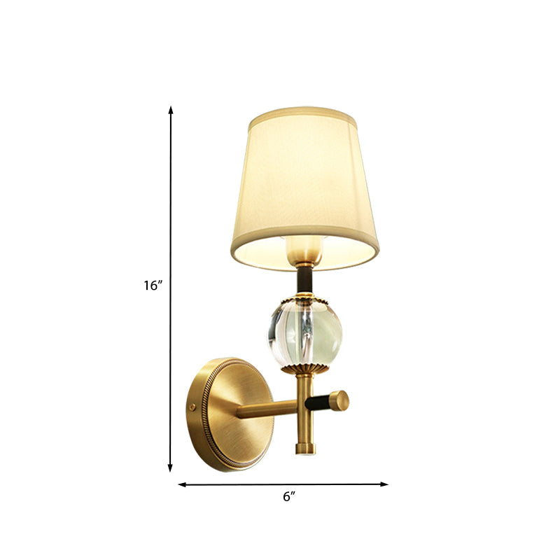 BowLift | 1/2-Head Bedroom Wall Lamp Modernism Brass Finish Clear Crystal Wall Light with Conical Fabric Shade