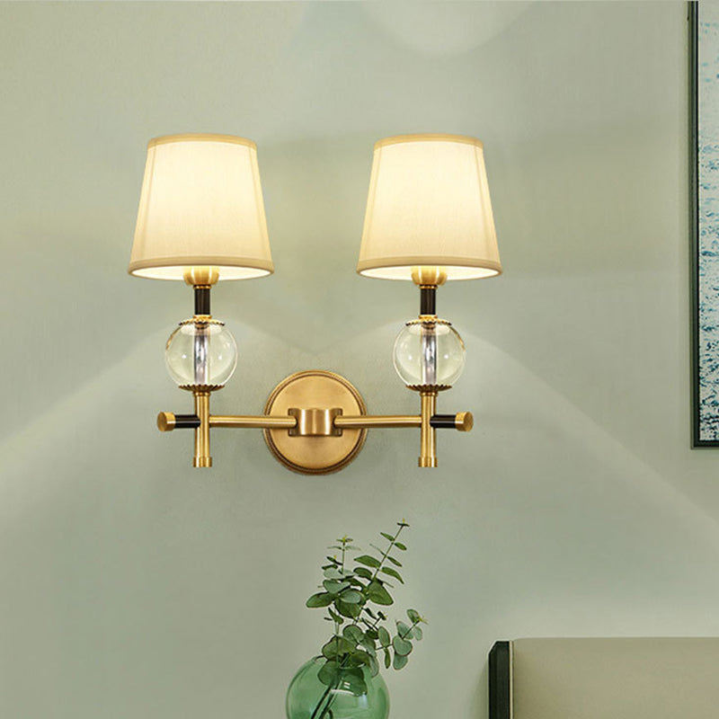BowLift | 1/2-Head Bedroom Wall Lamp Modernism Brass Finish Clear Crystal Wall Light with Conical Fabric Shade