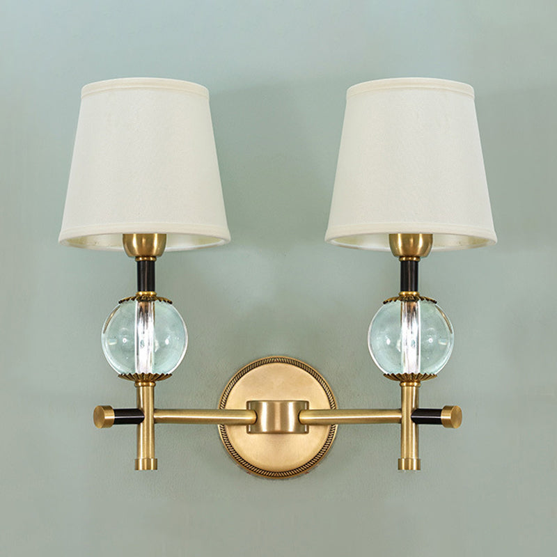 BowLift | 1/2-Head Bedroom Wall Lamp Modernism Brass Finish Clear Crystal Wall Light with Conical Fabric Shade