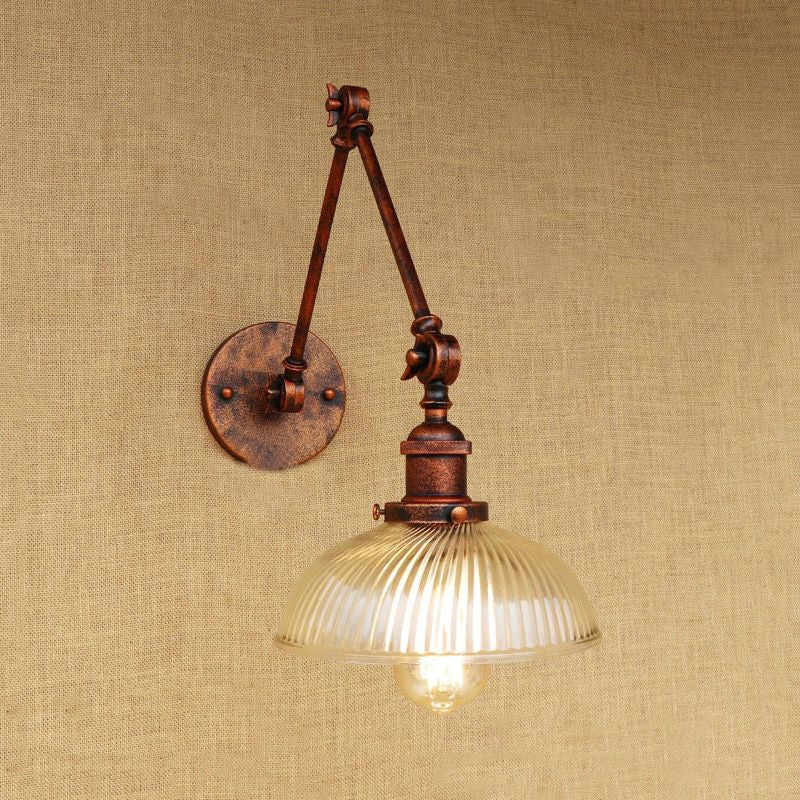 BowLift | 1 Light Ribbed Glass Wall Lamp Light Industrial Antique Brass/Black/Rust Dome Living Room Lighting Fixture with Swing Arm