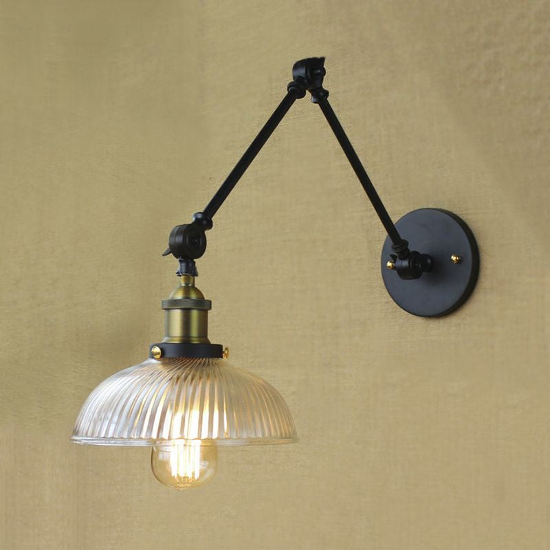 BowLift | 1 Light Ribbed Glass Wall Lamp Light Industrial Antique Brass/Black/Rust Dome Living Room Lighting Fixture with Swing Arm