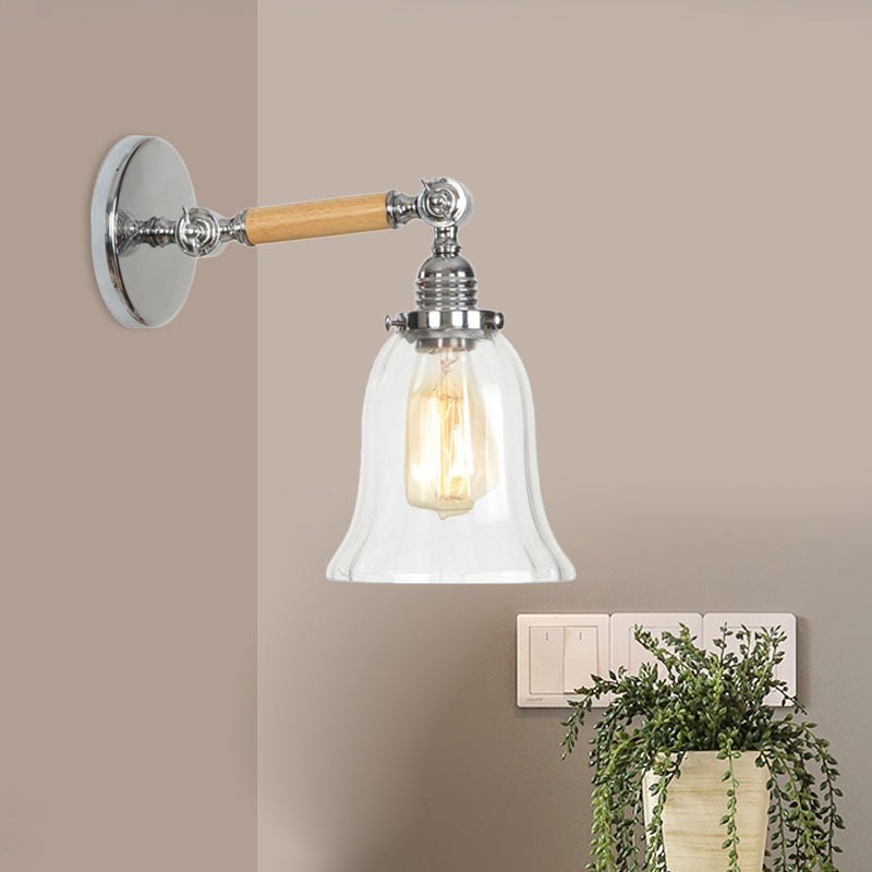 BowLift | 1 Light Clear Textured Glass Wall Sconce Light Vintage Chrome Bell Living Room Lighting Fixture, 8"/4"/6" Wide Wooden Arm