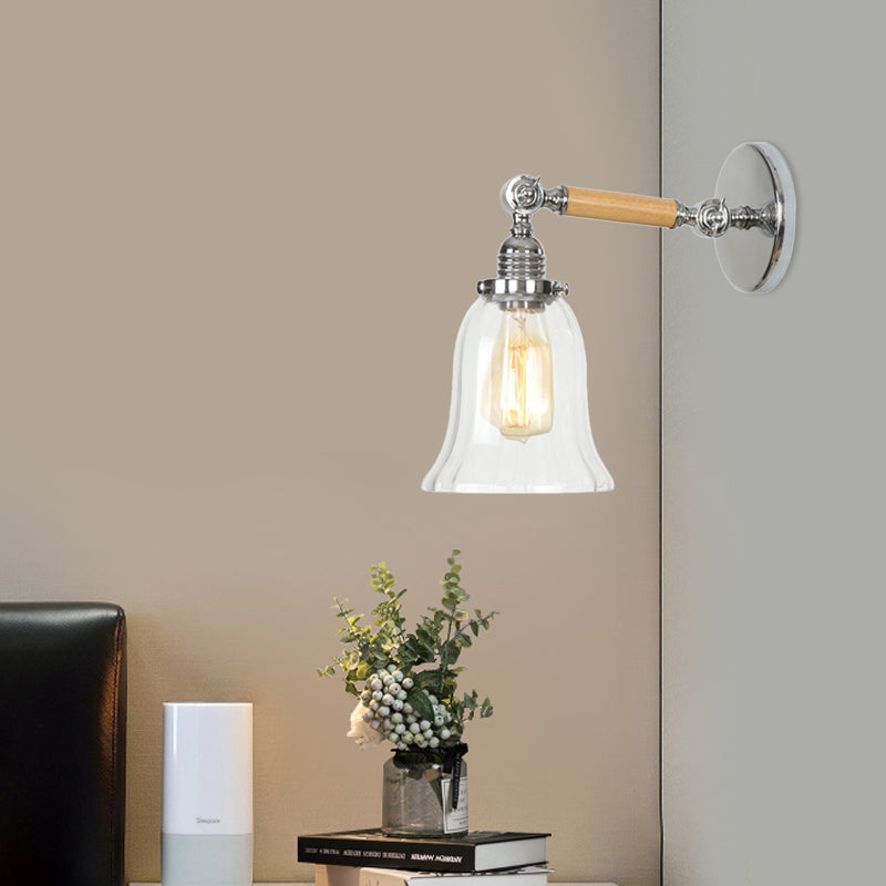 BowLift | 1 Light Clear Textured Glass Wall Sconce Light Vintage Chrome Bell Living Room Lighting Fixture, 8"/4"/6" Wide Wooden Arm