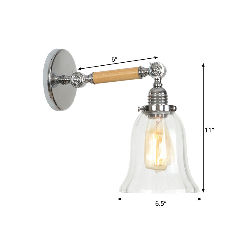 BowLift | 1 Light Clear Textured Glass Wall Sconce Light Vintage Chrome Bell Living Room Lighting Fixture, 8"/4"/6" Wide Wooden Arm