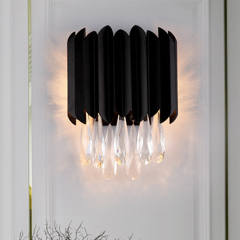 BowLift | 2 Light Flush Mount Wall Sconces Mid Century Tube Metal Wall Lamp in Black with Cut Crystal Drops
