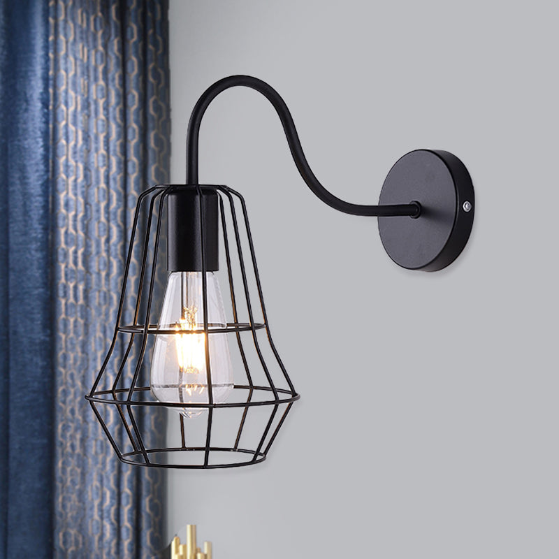 BowLift | Gooseneck Arm Living Room Wall Light with Cage Shade Retro Style Metal 1 Light Black Finish Wall Lamp