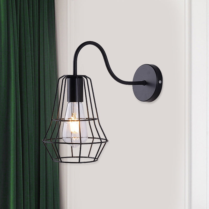 BowLift | Gooseneck Arm Living Room Wall Light with Cage Shade Retro Style Metal 1 Light Black Finish Wall Lamp