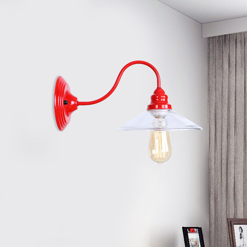 BowLift | 1 Light Bulb Width Flare Wall Mounted Light Industrial Red Clear Glass Lighting with Curved Arm