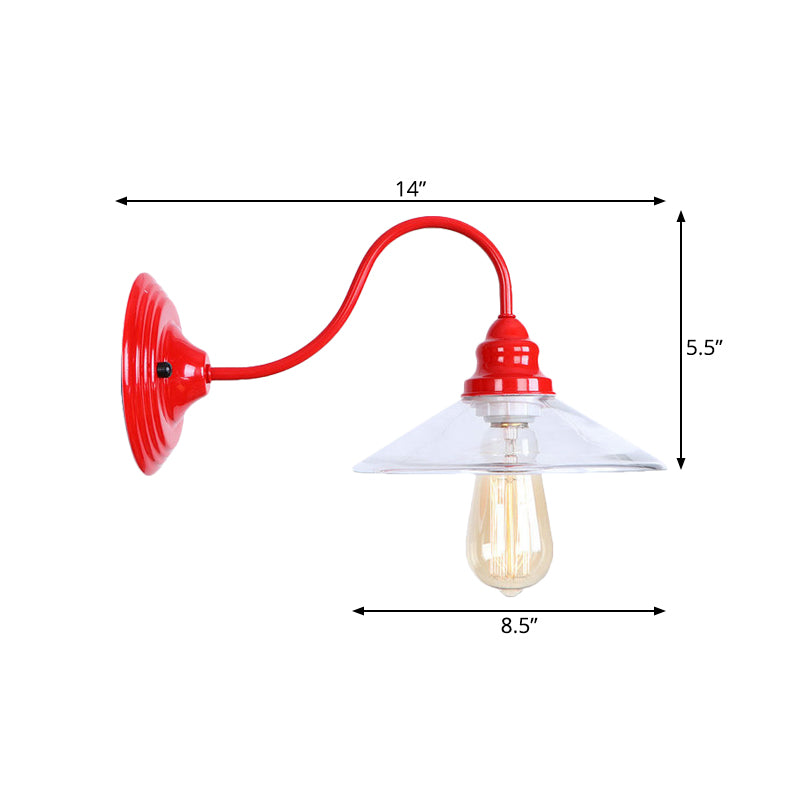 BowLift | 1 Light Bulb Width Flare Wall Mounted Light Industrial Red Clear Glass Lighting with Curved Arm