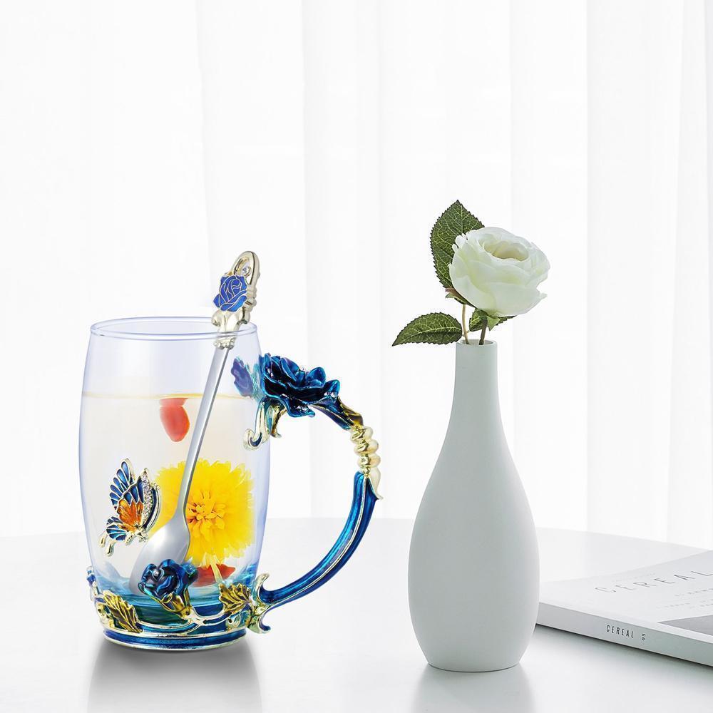BowLift | Enamel Rose Glass Tea Cup Set (With Spoon)